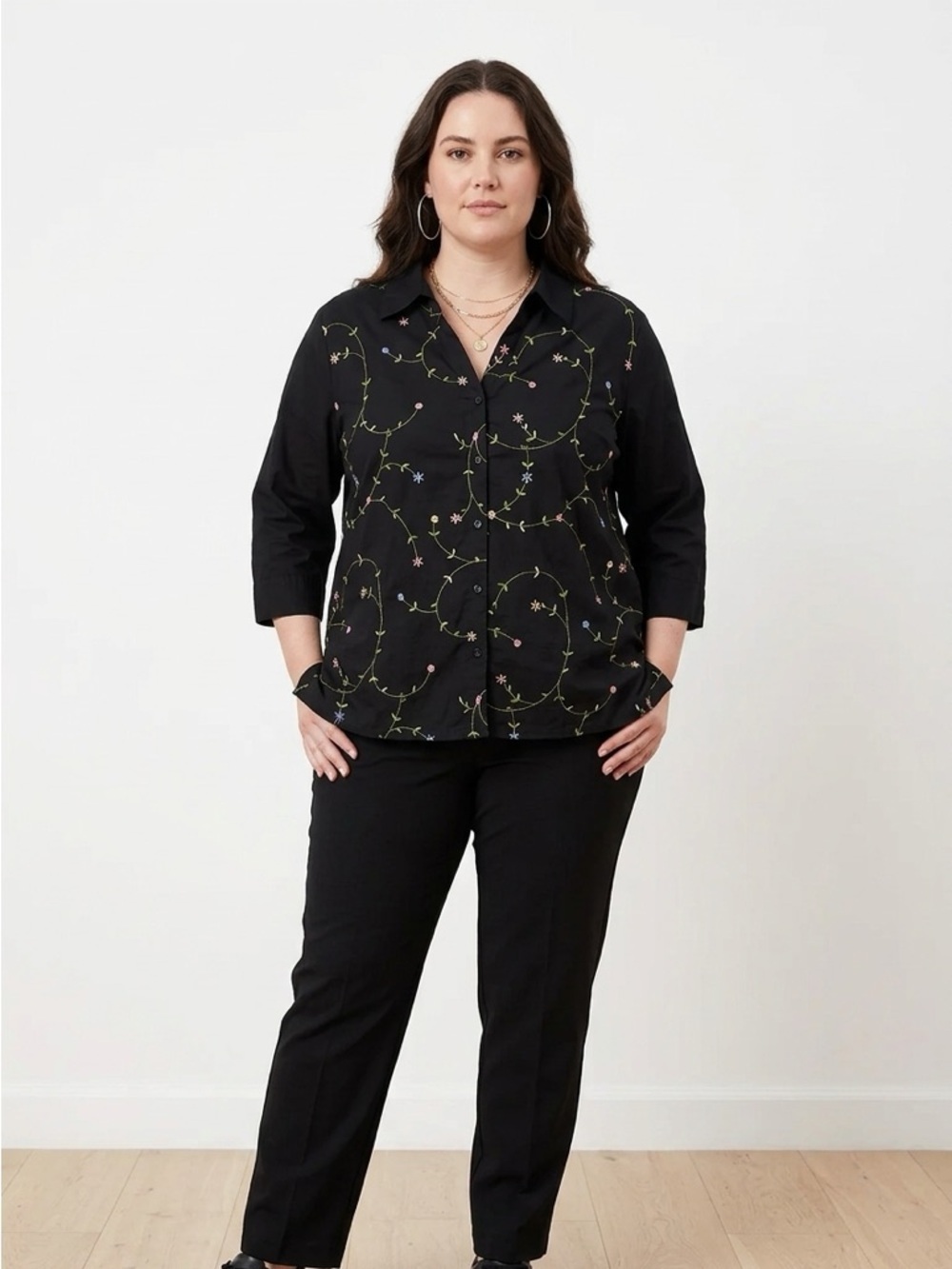 ✨Claudia Richard Classic Embroidered Floral Black Top | 100% Cotton | Spring